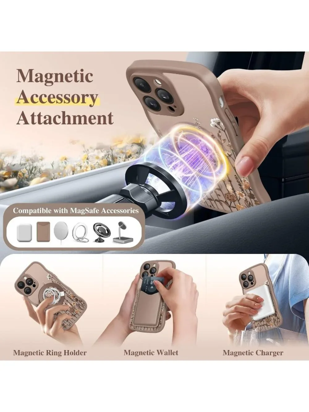 iPhone 14 Pro Floratopia/Brown Compatible with MagSafe Floral Translucent Case